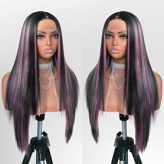 Black and Pink Highlight Wig Lace Front Wigs Pre Plucked with Baby Hair Glueless Wig 26 Inch Long Straight Wigs for Women Pink Color Forehead Synthetic 13×4×1 Lace Front Wig