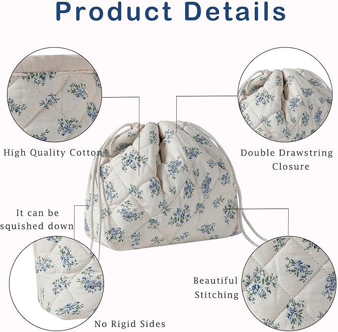 Cotton Quilted Drawstring Makeup Bag with Canvas Lining,Coquette Aesthetic Cute Travel Toiletry Bag,Drawstring Gift Bag for Women and Girls（11Blue Flower）