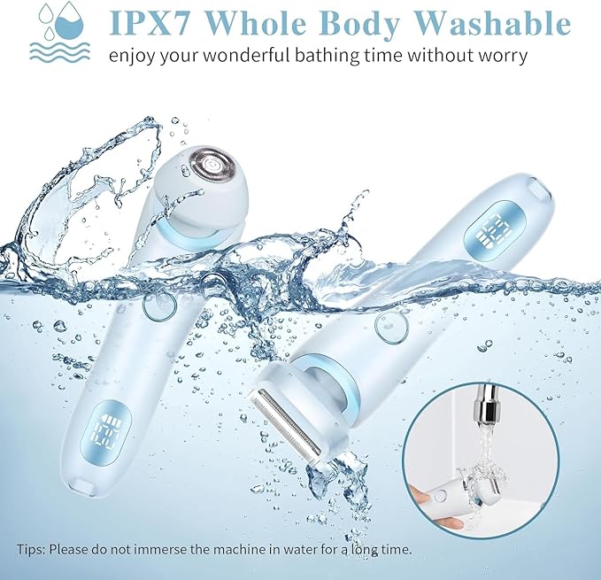 Electric Razors Shaver for Women, 2-in-1 Womens Electric Razor for Leg Arm Face, Cordless Bikini Trimmer Hair Removal for Women with Detachable Head, Painless,IPX7 Waterproof,Wet & Dry,Ocean Blue