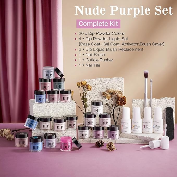 AZUREBEAUTY Dip Powder Nail Kit Starter 20 Colors Nude Brown Glitter Purple Blue Dipping Powder Liquid Set with Top/Base Coat Activator for French Nail Art Manicure DIY Salon Gifts for Women