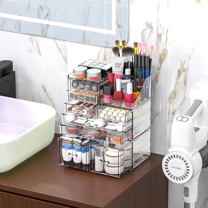 Cq acrylic 3 Pack Clear Makeup Organizer Countertop,Stackable 8 Drawers Skin Care Organizer,Cute Make Up Organizers for Vanity Jewelry,Hair Accessory,Beauty,Skin Care,Skincare Product Desk Storage