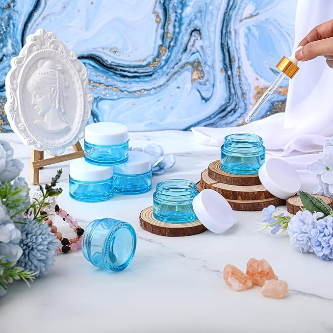 Domensi 60 Pcs 1oz Glass Jars with Lids Bulk Salve Tins Small Glass Candle Cosmetic Jars for Travel with Inner Liners Containers for Lotions Sample Cream(Light Blue, White Lids)