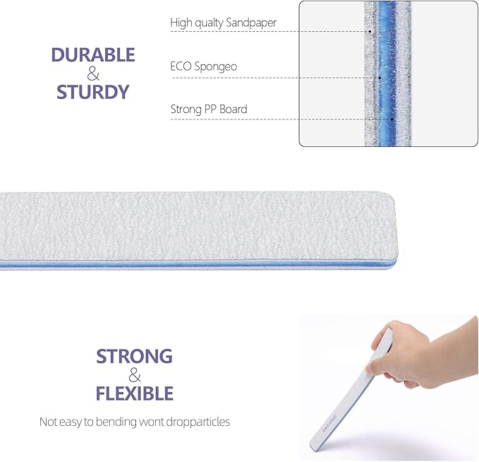 50 Pieces 150/150 Grit Rectangle Nail Files for Acrylic Nails, Reusable Buffing Nail Files Double Sided Emery Boards Manicure Tool