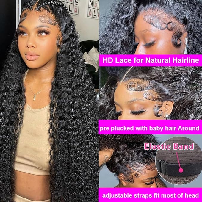 Aomllute 30 Inch Deep Wave Lace Front Wigs Human Hair 200 Density 13x4 HD Lace Frontal Wigs Human Hair Pre Plucked Deep Curly Glueless Wigs Human Hair for Women Natural Black