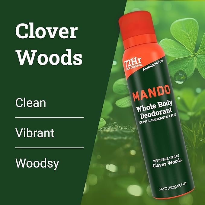 Mando Whole Body Deodorant For Men - Invisible Spray Deodorant - 72 Hour Odor Control - Low Irritation Formula - Aluminum Free, Benzene Free - 3.6 ounce Cans (Pack of 2) - Clover Woods