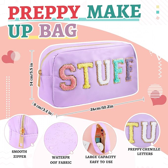 2 Pcs Preppy Chenille Letter Duffle Bag and Makeup Pouch, Travel Tote Bag Cosmetic Zipper Patch Makeup Bag (Light Purple)