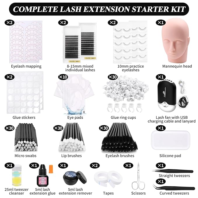 Eyelash Kit for Lash Extension, Lash Tech Supplies with Mannequin Practice Head, Lash Cluster, Lash Extension Glue, Eyelash Remover, Fan, Tweezers, Lash Training Tools Set for Beginners at Home