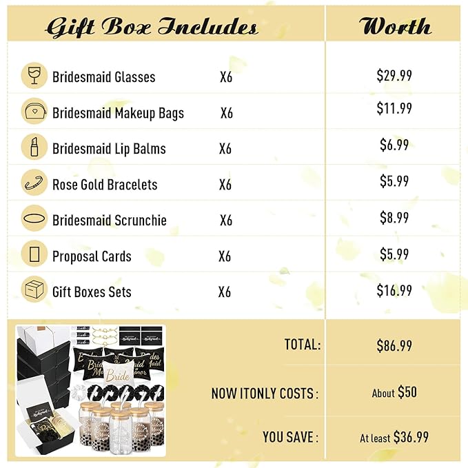 54 Pcs Bridesmaid Proposal Gifts Bridesmaid Box Set Include Bridal Shower Gift Box Makeup Bag Invited Card Glass Cup Lip Balm Scrunchie Hair Knotted Bracelet for Maid of Honor(Black, White)