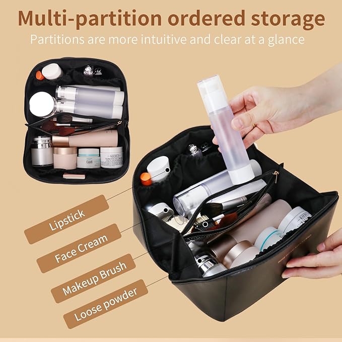 3 Pcs Travel Makeup Bag Portable Large Capacity Cosmetic Bags for Women Open Flat Makeup Case Organizer Bag Set of 3 Waterproof PU Leather Toiletry Bags with Divider and Handle (Black, Medium)