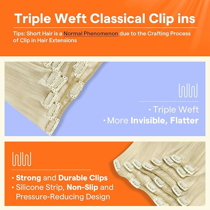 Full Shine Clip in Blonde Human Hair Extensions 24 Inch Blonde Clip in Hair Extensions for Women Triple Weft Natural Real Human Hair 7 Pcs 120 G