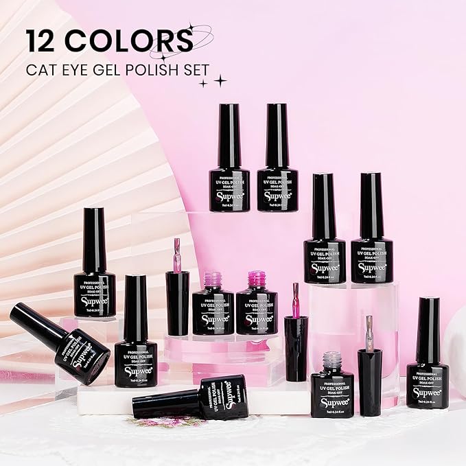 Cat Eye Gel Nail Polish Set, 12 Colors Magnetic Cateye Gel Polish with Magnet Holographic Gold Glitter Pink Purple Blue Summer Color Cat Eye Effect Soak Off Lamp for DIY Salon Manicure at Home