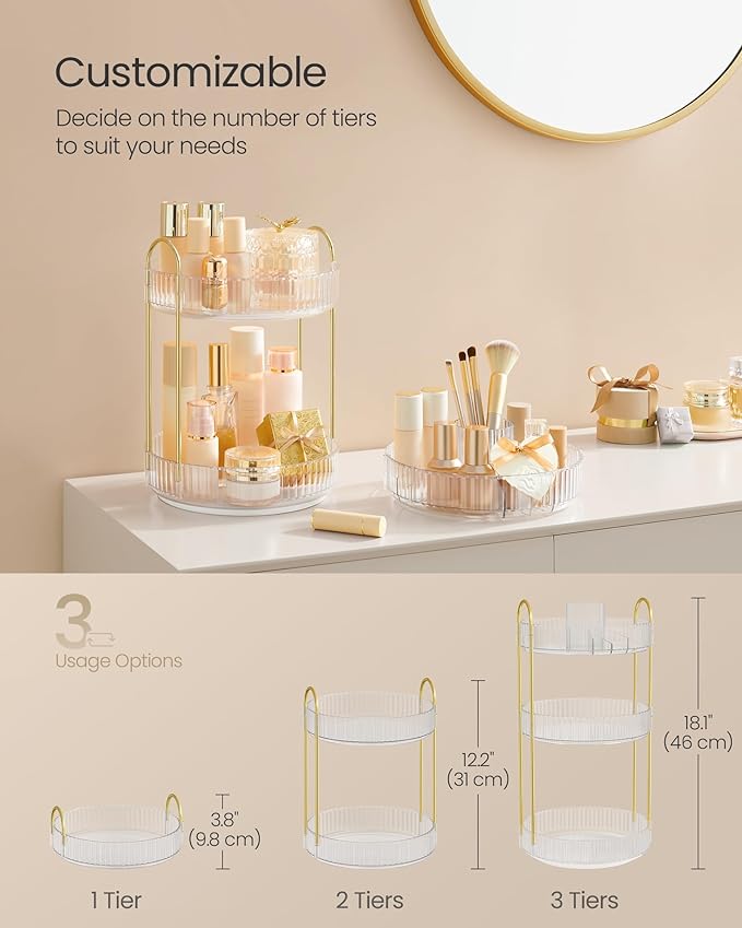 SONGMICS Makeup Organizer, 3-Tier Round Rotating Skincare Organizer Countertop, Customizable, Toiletries Vanity Organizer, Lazy Susan, Gift for Mom, Transparent UJKA011W02