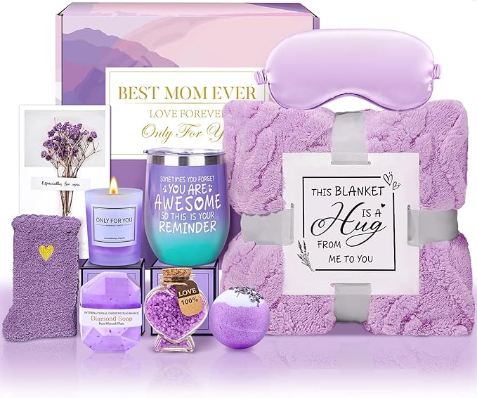 Mothers Day Gifts for Mom from Daughter Son, Relaxing Lavender Spa Basket Set for Women Luxury Self-Care Basket for Mama, Birthday Mothers Day Gifts for Women, Mom, Wife, Sister, Friend, Her