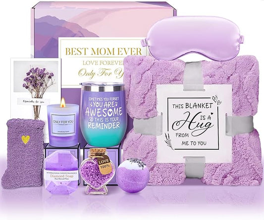 Mothers Day Gifts for Mom from Daughter Son, Relaxing Lavender Spa Basket Set for Women Luxury Self-Care Basket for Mama, Birthday Mothers Day Gifts for Women, Mom, Wife, Sister, Friend, Her