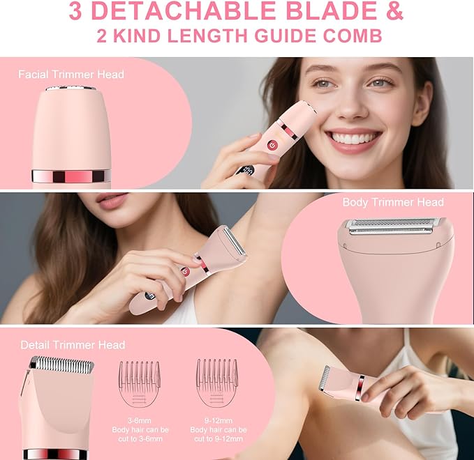3-in-1 Electric Razor IPX7 Waterproof Bikini Trimmer Wet & Dry Use Painless Personal Trimmer Groomer for Ladies Face Body Legs Bikini Public Hairs Electric Lady Shaver with Replaceable Heads