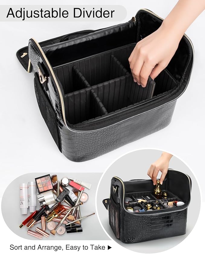 Travel Makeup Bag, Tattoo Case with 4 Inner Removable Pouches, Professional Makeup Artist Bag Travel Organizer Box with Adjustable Dividers (Medium, Black)