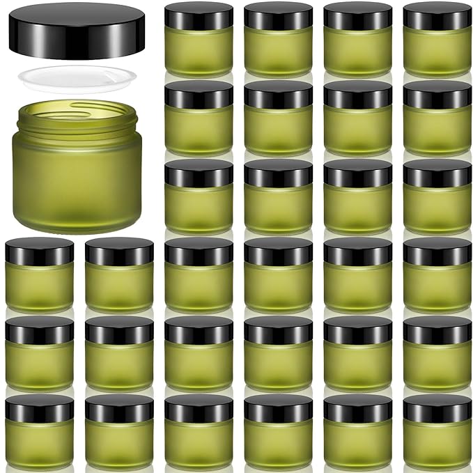 Domensi 32 Pcs 2 oz Glass Jars with Lids Travel Size Round Leakproof Empty Cosmetic Jars with Inner Liners Lid for Storing Makeup Lotions Face Cream Ointments Candle DIY Making(Pea Green)