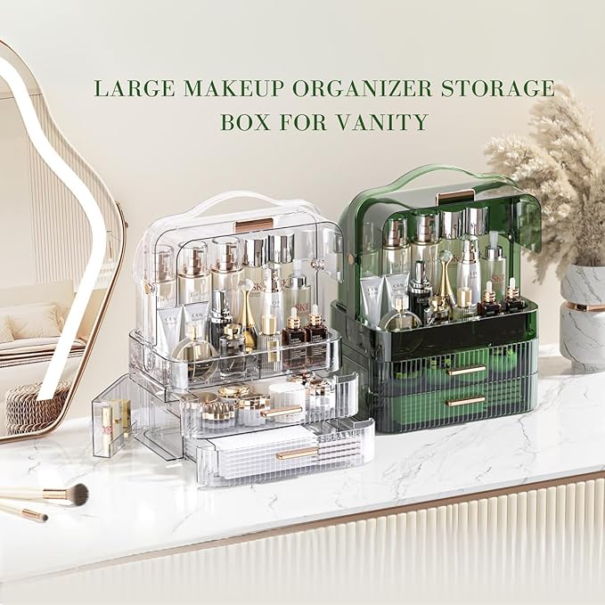 LINFIDITE Cosmetics Storage Box Transparent Lid Large Makeup Organizer Box Drawers Portable Handle Waterproof Dustproof Skincare Display Cases for Countertop, Bathroom, Dresser,Gift Clear