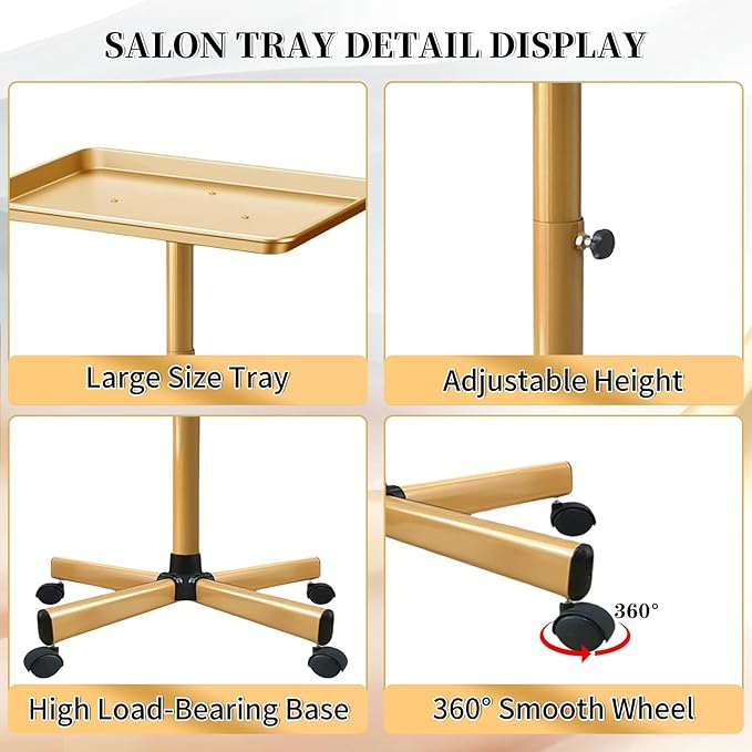 Salon Tray on Wheels, Gold Salon Tray Cart with Adjustable Height, Metal Service Instrument Storage Tray for Salon&Home Use
