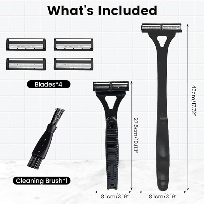 Back Shaver for Men with Foldable Long Handle, Premium Stainless Steel Body & Back Hair Trimmer, Portable Ergonomic Razor Groomer for Men, Replaceable Safety Blades, Wet or Dry Use Smooth Hair Removal