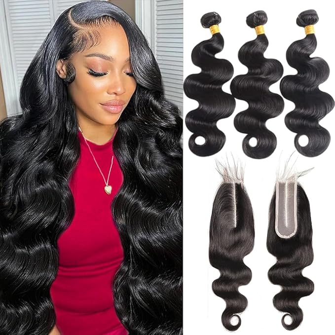 Body Wave Bundles Human Hair With Closure(18 20 22+2X6 Lace Closure 16Inch) Natural Black 100% Human Hair Bundles With Hd Lace Closure