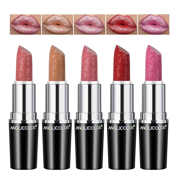 5pcs Glitter Lipstick High Impact Lipcolor,Lipstick Moisturizing Creamy Formula,Metallic Lipstick For Women For Vegan & Cruelty-Free,Full-Coverage Lip Color (#B, 20g)