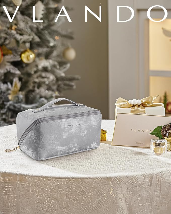 Vlando Travel Makeup Bag Portable Travel Toiletry Bag for Women PU Leather Open Flat Make up Organizer for Toiletries,Christmas Birthday Gifts for Wife Mom Girls(Silver)