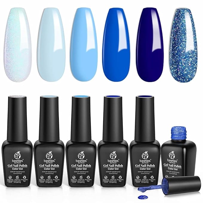 Beetles Blue Gel Nail Polish,6 Colors Baby Blue Glitter Aquarius Holy Water Collection Spring Summer Gel Polish Soak off Uv Led Lamp Nail Art Manicure Gifts for Women