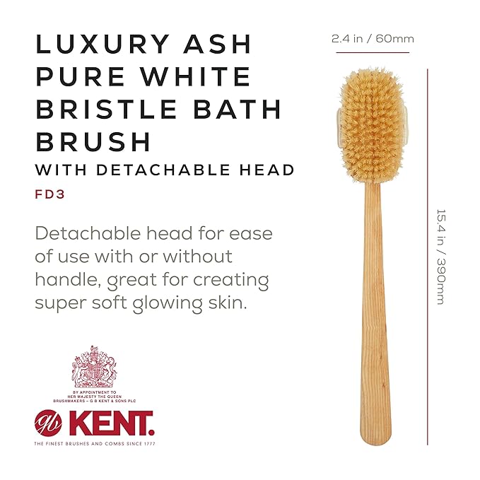 Kent FD3 Luxury Beechwood Body Scrubbing Exfoliating Bath/Shower Brush with 100% Pure White Bristle. Long Handle with Detachable Head, Wet/Dry Back and Skin Brushing, Body Exfoliator. Made in England