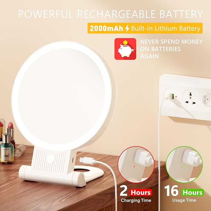 1X/20X Magnifying Mirror with Light, Double Sided Makeup Mirror with Adjustable Folding Handle, 2000mAh Rechargeable Vanity Mirror with Tweezer, Portable Tabletop Mirror for Travel Home