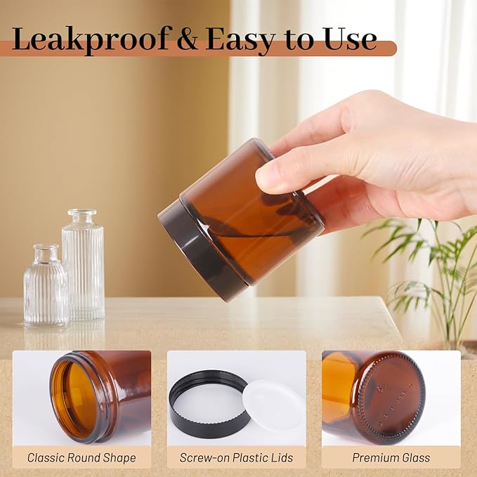 AuroTrends 4 oz Amber Glas Jars with Lids 3Pack, Portable Amber Round Empty Glass Candle Jars with Lids/Body Butters Containers/Body Butter Jar (4 fl. oz, Set of 3)