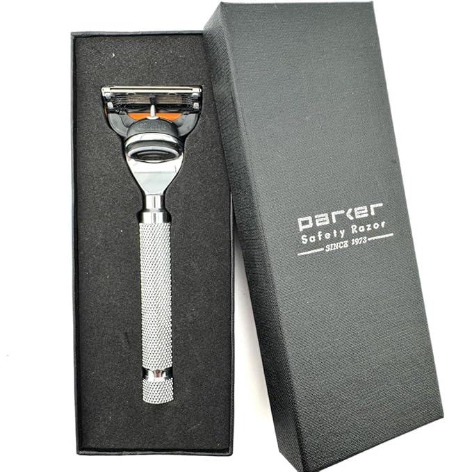 Parker 5-Blade Razor Handle for Fusion Blades – Weighted, Textured Grip for Smooth, Tug-Free Shaving | Luxury Gift-Ready Razor with Fusion Blade Included