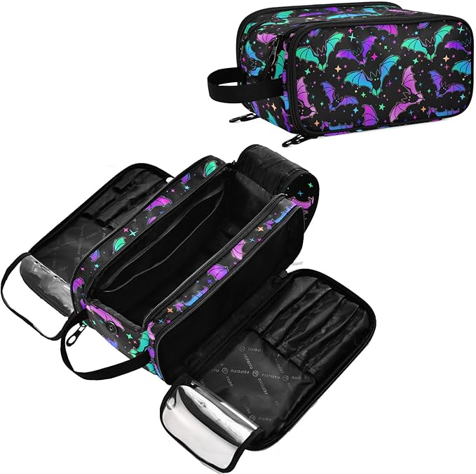 MNSRUU Luminous Bats Makeup Bag - Large Capacity Cosmetic Organizer, Portable Toiletry Bag for Travel Size
