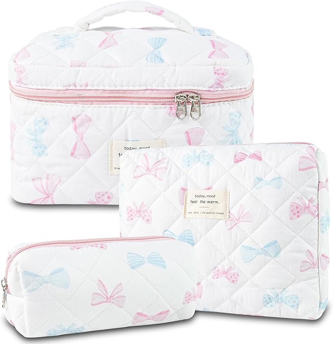 3Pcs Quilted Makeup Bag, Cute Floral Cotton Cosmetic Bag set, Coquette Bow Makeup Pouch Large Travel Toiletry Bag