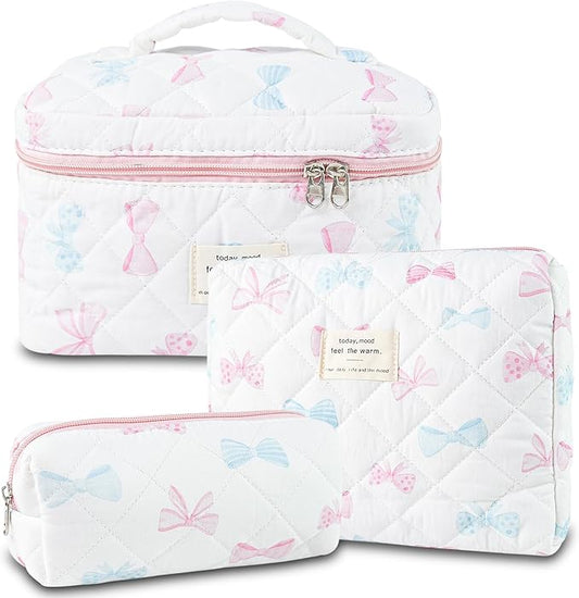 3Pcs Quilted Makeup Bag, Cute Floral Cotton Cosmetic Bag set, Coquette Bow Makeup Pouch Large Travel Toiletry Bag