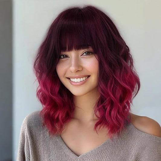 AISI HAIR Synthetic Wavy Curly Bob Wig with Bangs Ombre Dark Red Short Hair Wigs for Women Synthetic Heat Resistant Bob Wigs