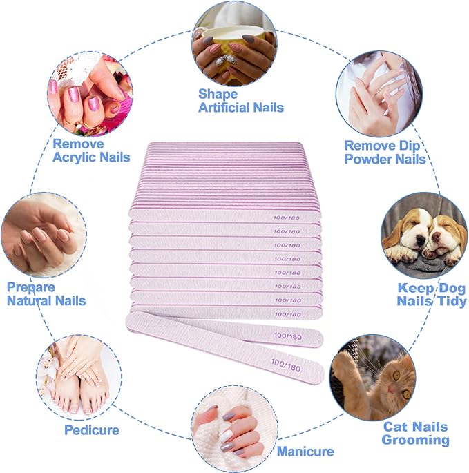 Nail File (200 Pcs), Bulk Emery Board Nail Files for Acrylic Nails and Natural Nails, 100/180 Grit Double Sided Emory Boards for Gel Nail Professional Reusable Washable Manicure Pedicure Kit Set Gray