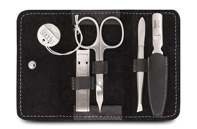 nippes Solingen Premium Line Tabard Manicure Set, 4 Pieces, Black, Stainless Steel, Nickel and Rustproof, Cowhide Nail Case, Nail Care Set, Made in Germany