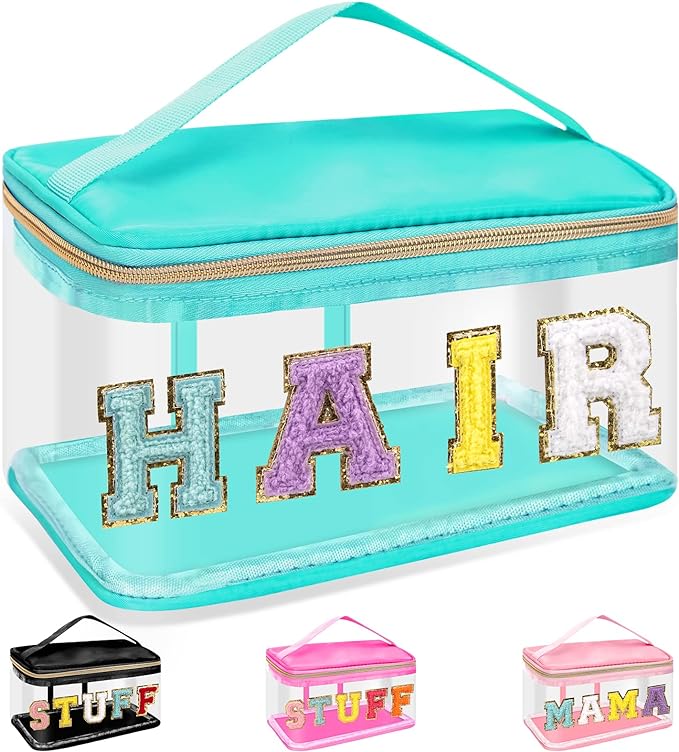 Chenille Letter Clear Makeup Bags Hair Pouch, Preppy Patch Makeup Bag Zipper with Handle, Transparent PVC & Nylon Waterproof Glitter Cosmetic Handbag Travel Toiletry Storage for Women Girl(HAIR-Green)