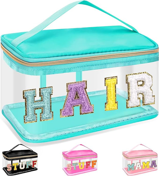 Chenille Letter Clear Makeup Bags Hair Pouch, Preppy Patch Makeup Bag Zipper with Handle, Transparent PVC & Nylon Waterproof Glitter Cosmetic Handbag Travel Toiletry Storage for Women Girl(HAIR-Green)