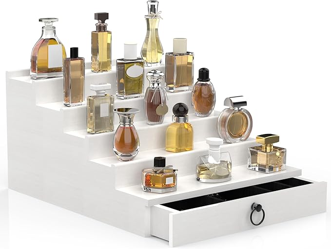 Cologne Organizer for Men, 5 Tier White Cologne Shelf, Perfume Stand with Drawer and Hidden Compartment Perfume Display Holder - A Gift for Men