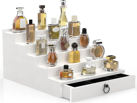 Cologne Organizer for Men, 5 Tier White Cologne Shelf, Perfume Stand with Drawer and Hidden Compartment Perfume Display Holder - A Gift for Men