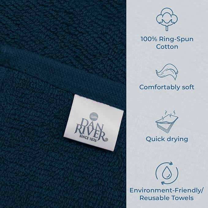 DAN RIVER 100% Cotton Washcloths 24 Pack Premium Quality Face and Body Cloth, Quick Dry Essential Towels for Bathroom, Hand, Kitchen & Cleaning, Baby Washcloths | 12X12 in | 400 GSM | Opal Blue