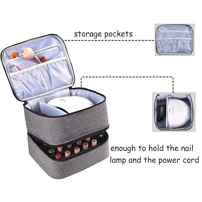 Nail Polish Carrying Case Bag-Holds 30 Bottles, Double-Layer Nail Polish Storage and Nail Dryer Case(Grey)