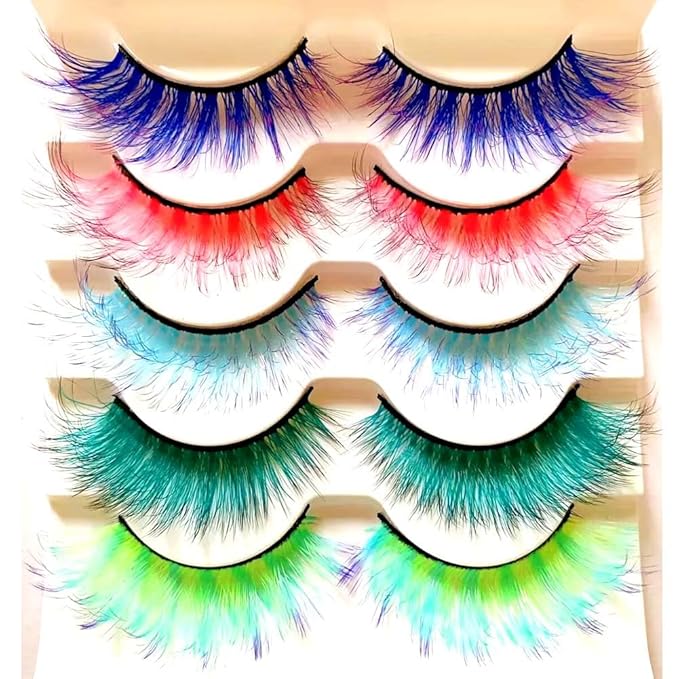 Sunniess Ombre Colored Lashes Silk Protein Fluffy Wispy Volume Fake Lashes for Halloweens Cosplay Party Stage Russian D Curl Lashes with Color Make up Faux Mink False Eyelashes 5 Pairs