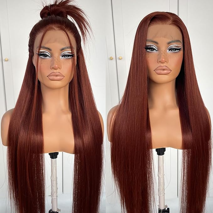 13x6 Reddish Brown Lace Front Wig Pre-Plucked Glueless Straight HD Lace Front Wig Synthetic Red Brown Long Straight Lace Front Wig 32inch
