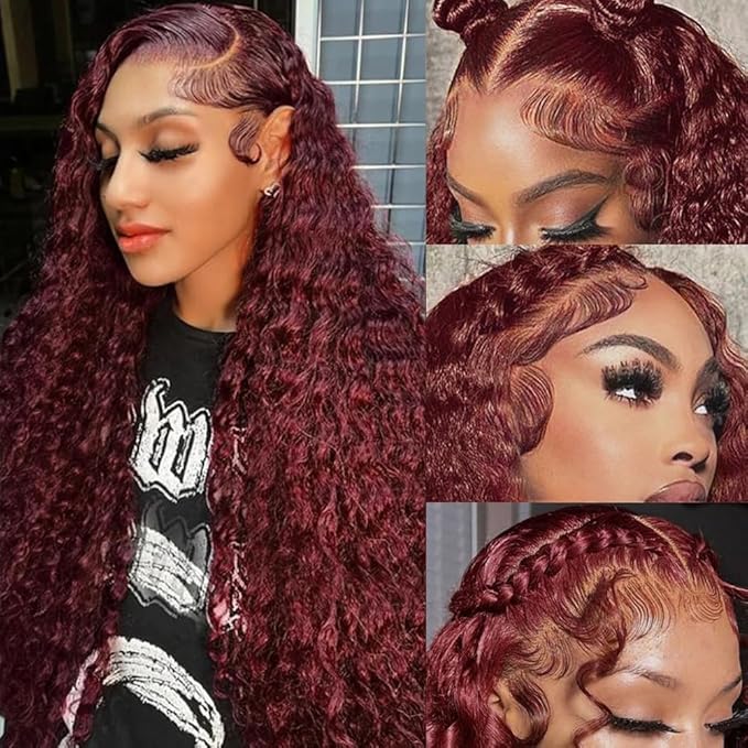 34 Inch Reddish Brown Lace Front Wigs Human Hair 13x6 Reddish Brown Curly Lace Front Wig 180 Density 33# Deep Wave HD Lace Frontal Wigs Human Hair Pre Plucked for Women Auburn Colored Human Hair wig