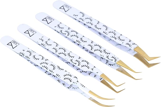 M LASH Tweezers for Eyelash Extensions (Set of 4) - Professional Lash Extension Tweezers - Fiber Tip, Japanese Steel, Diamond Grip Eyelash Extension Tweezer (WL)