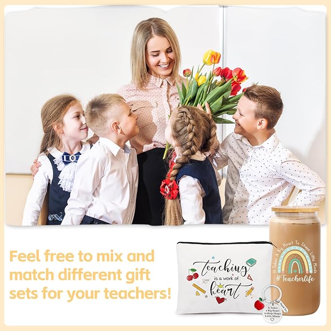 UAREHIBY 12 PCS Teacher Appreciation Gifts In Bulk,Thank You Teachers Gifts for Women with 16 OZ Glass,Teacher Christmas,Valentines Day Gift with Makeup Bag,Key chain,Teachers Gift from Students