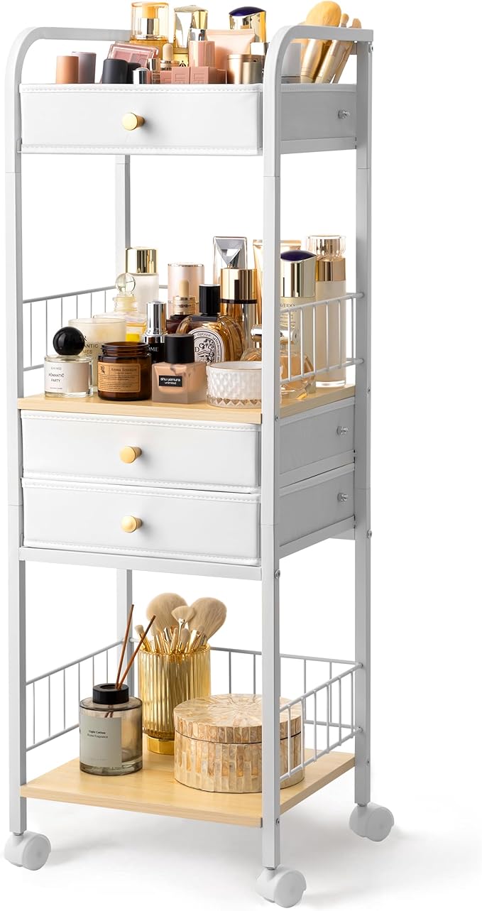 HBlife Floor Makeup Organizer Storage Cart, Make Up Organizers with Drawers, Vanity Cosmetics Display Cases Holder for Skincare Nail Polish Perfume, Bathroom Organizer Shelf with Wheels